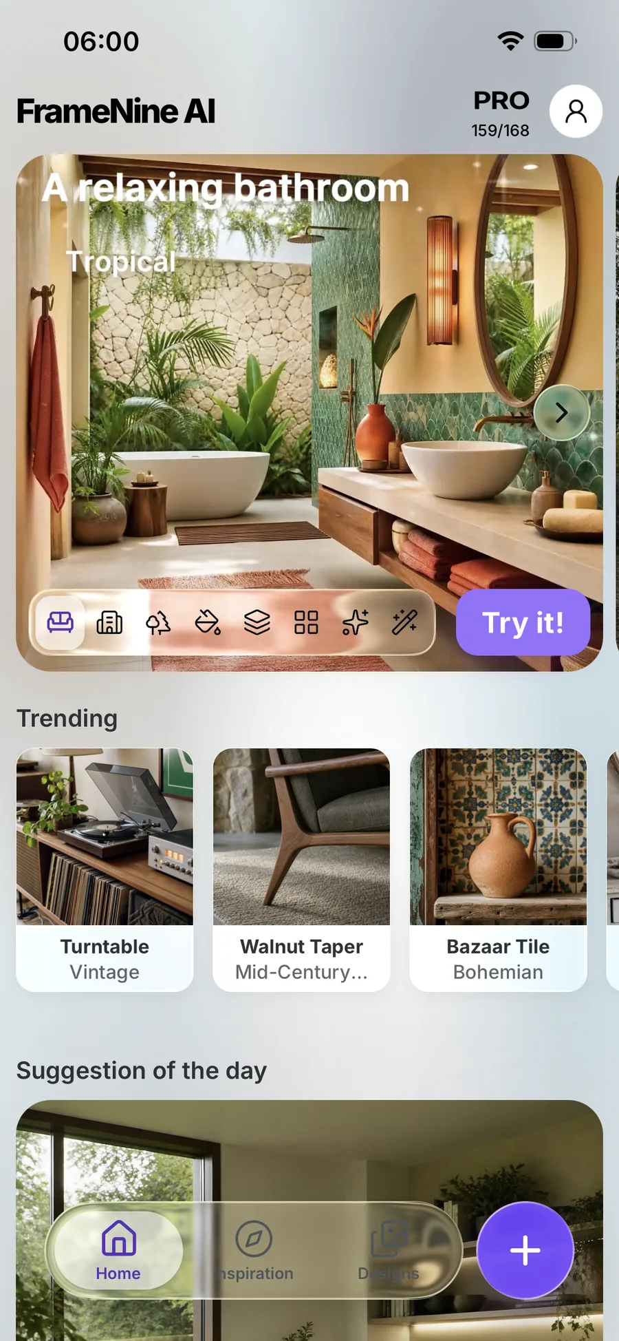 FrameNine AI home screen: a restyled bathroom with the row of design tools, and trending looks below.