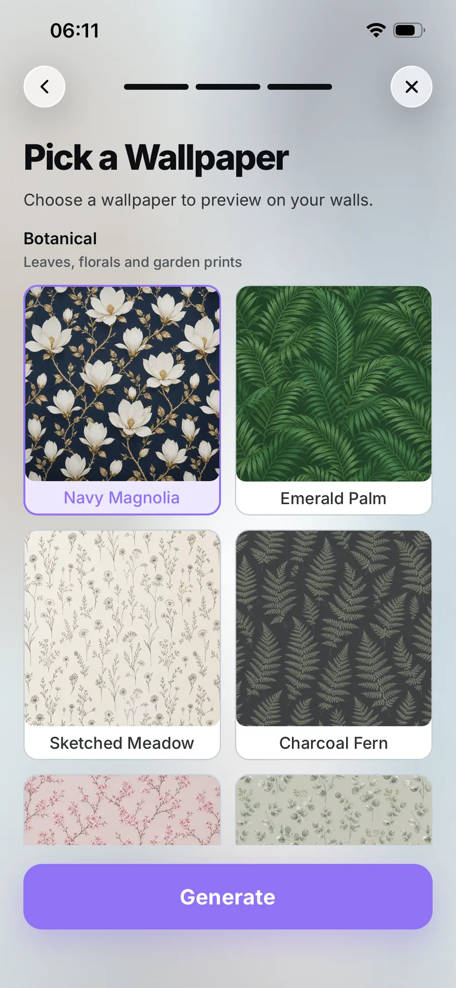 FrameNine AI wallpaper picker: botanical wallpapers such as Navy Magnolia and Emerald Palm.
