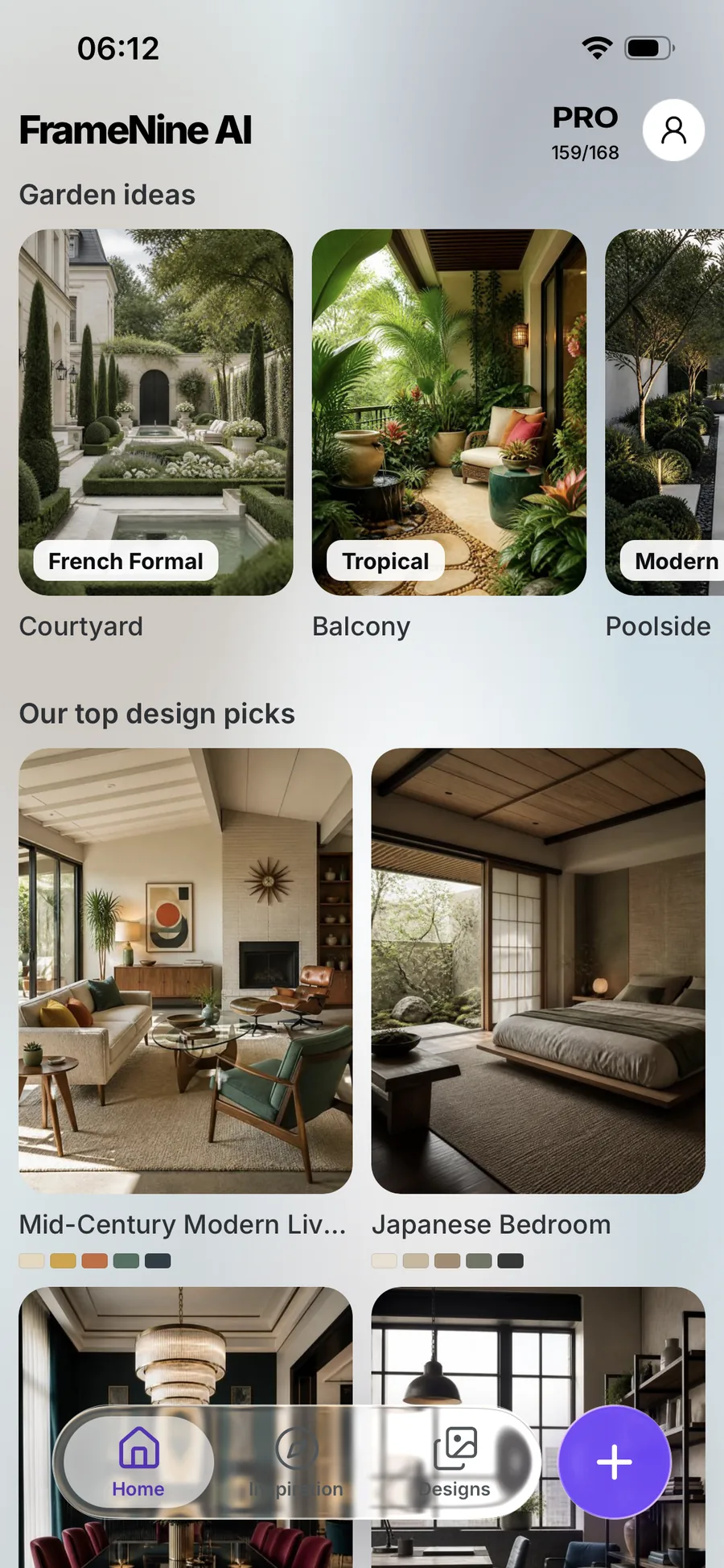 FrameNine AI inspiration screen: garden ideas and our top design picks for rooms.